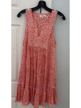 Lemlem Dress Womens Small Coral Halima Bib Animal Print Gold  Boho Festival XS